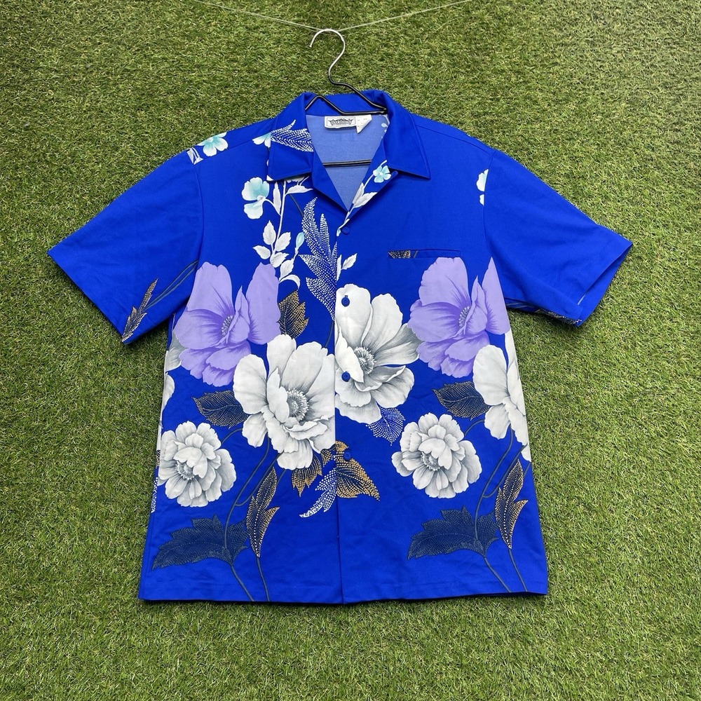 Vintage Malihini Shirt Mens Large Blue Floral Aloha Hawaiian Loop Made USA 60s